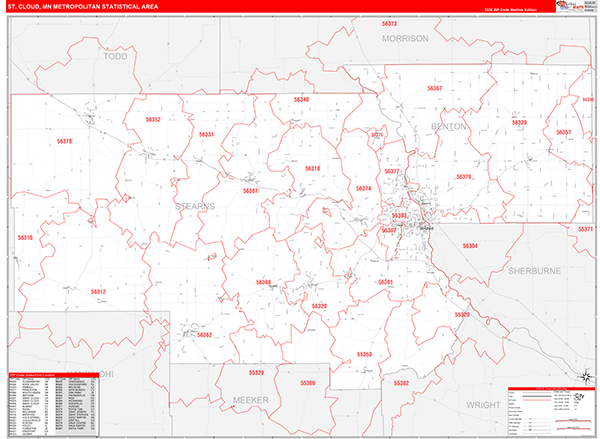 St. Cloud Metro Area Wall Map Red Line Style